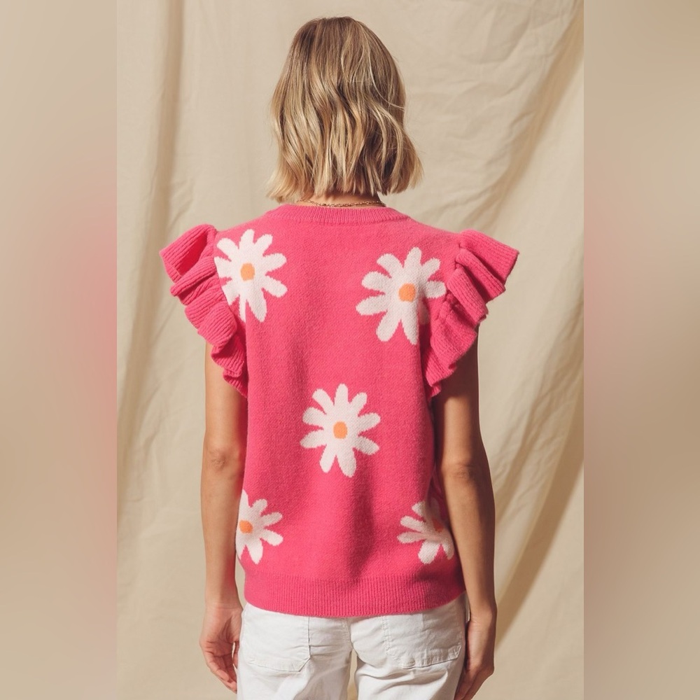 So Me Fuchsia Daisy Flower Sweater Top With Flutter Sleeves - Picture 2 of 4